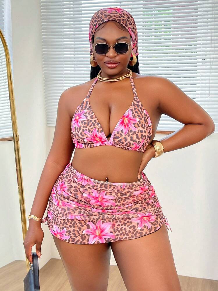 Slaydiva Plus Size Women 4pcs Set: Random Print Halter Strap Triangle Bikini Set With Matching Print Drawstring Hem Skirt And Hat For Summer Beach Vacation | SHEIN
