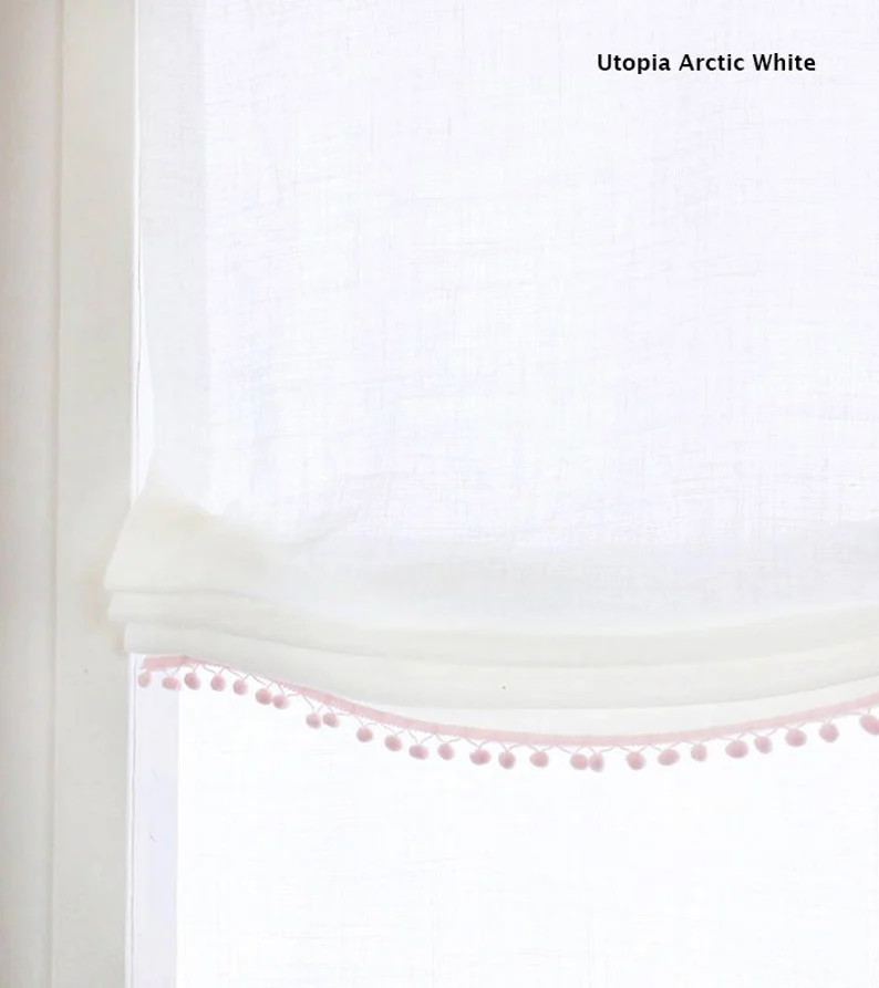 Custom Sheer Linen Roman Shade with Pom-Pom Trim | Etsy (Global)