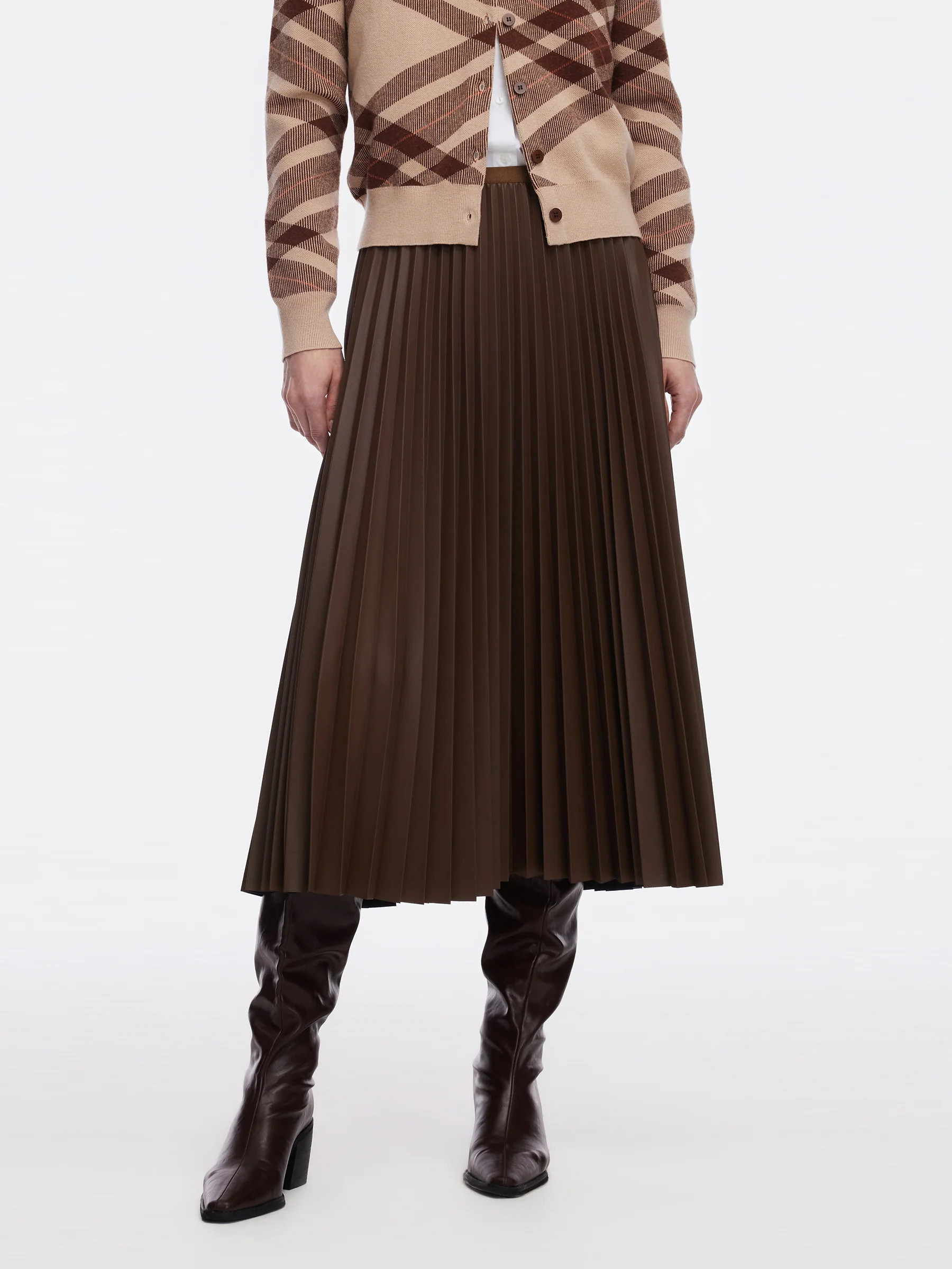 PU Leather Pleated A-Line Women Skirt - Chocolate Brown / L | GOELIA