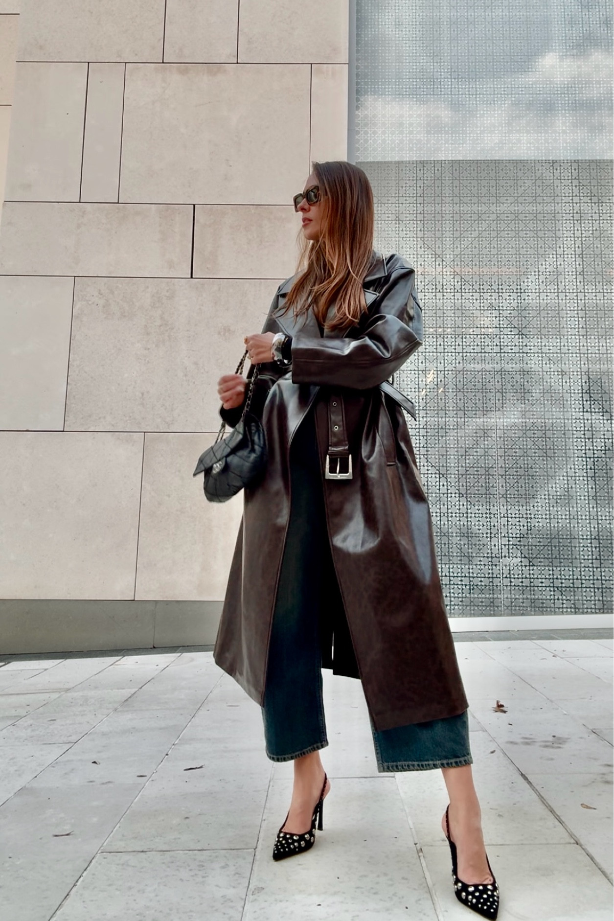 Coat 
Jeans 
Studded Pumps


#LTKSeasonal #LTKShoeCrush #LTKStyleTip