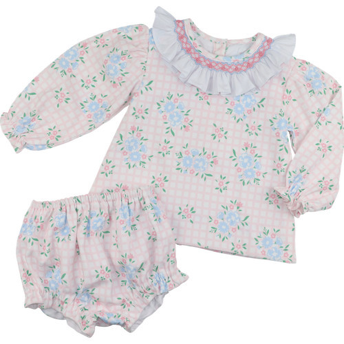 Pink And Blue Smocked Corduroy Floral Diaper Set | Cecil and Lou