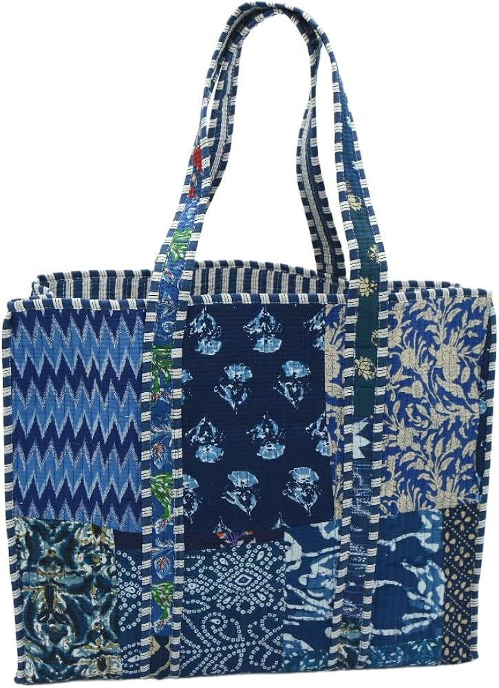 Handmade Quilted Cotton Travel Tote Bag with Block Print Design with Patchwork | Amazon (US)