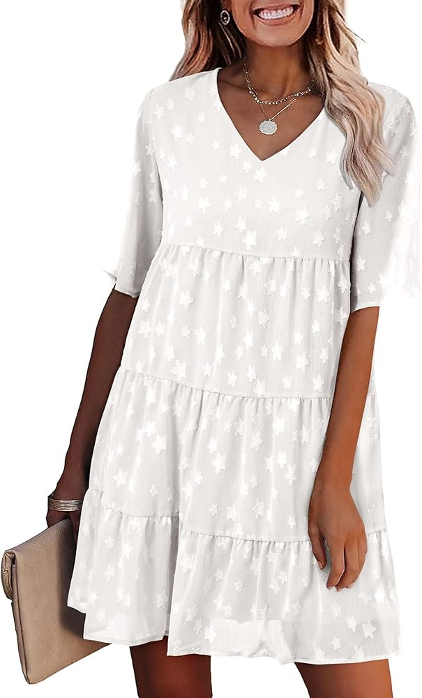 KIRUNDO Womens Summer Dresses 2024 Casual V Neck Short Sleeve Swiss Dot Ruffle Loose Flowy Mini B... | Amazon (US)