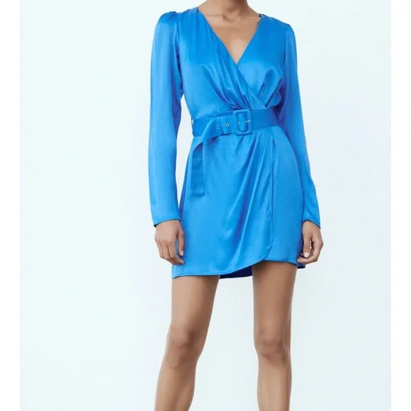 NWT Zara blue silk wrap belted dress | Poshmark