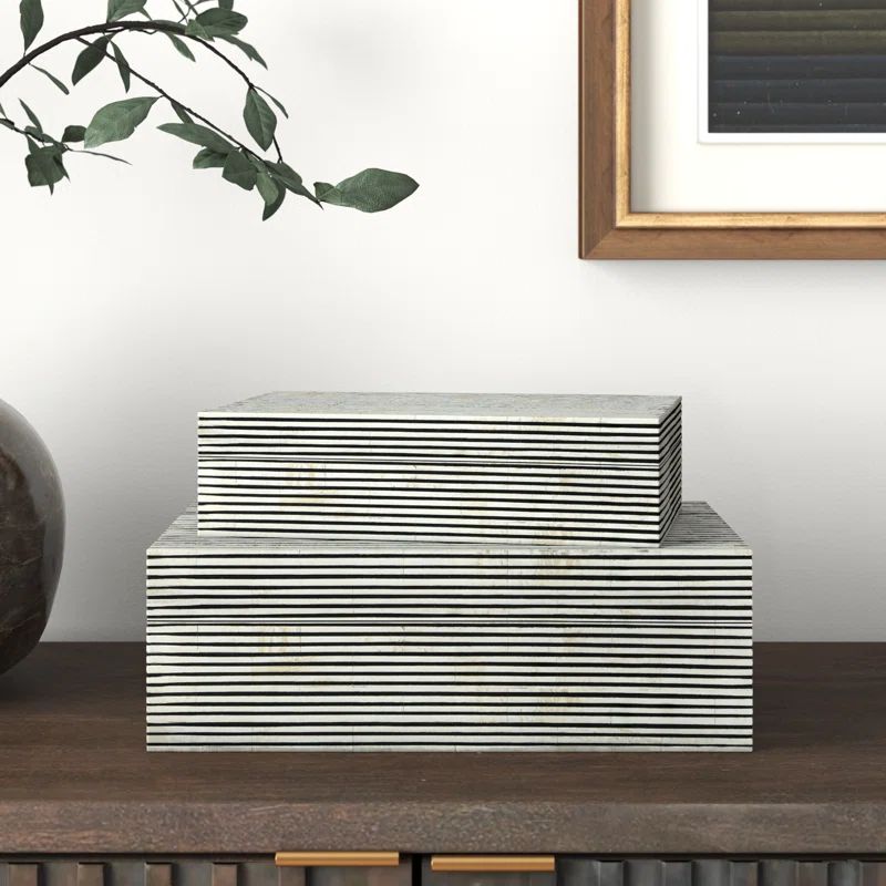 2 Piece Set Pinstripe Storage Boxes - 10" & 12" White and Gray Polyresin Decorative Keepsake Boxe... | Wayfair North America
