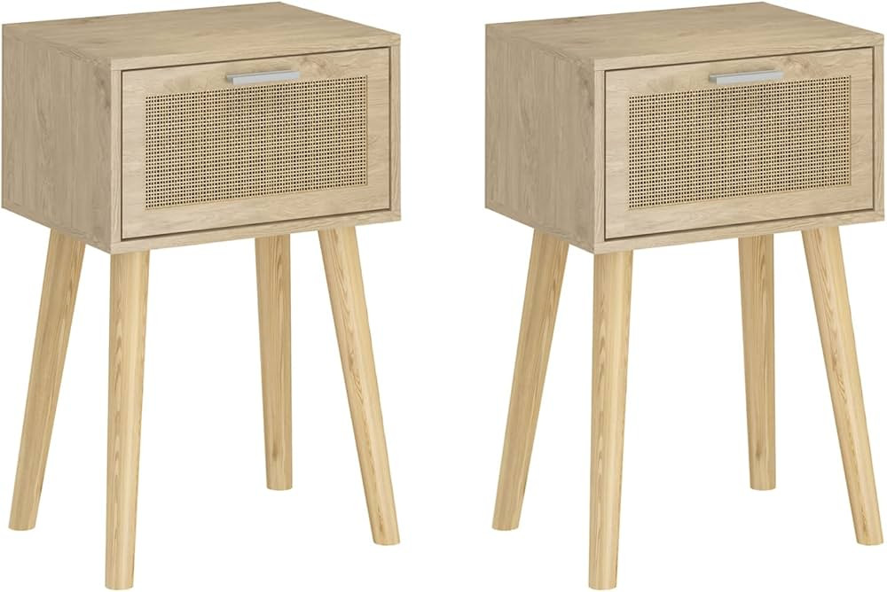 LAATOOREE Nightstand Set of 2, Boho Bedside Table with Rattan Door Solid Wood Feet for Bedroom Li... | Amazon (US)
