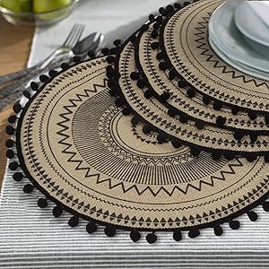 Lahome Mandala Print Round Placemat - Farmhouse Jute Table Mats with Pompom Tassel 15 Inch Place ... | Amazon (US)