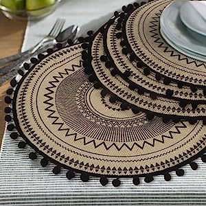 Lahome Mandala Print Round Placemat - Farmhouse Jute Table Mats with Pompom Tassel 15 Inch Place ... | Amazon (US)