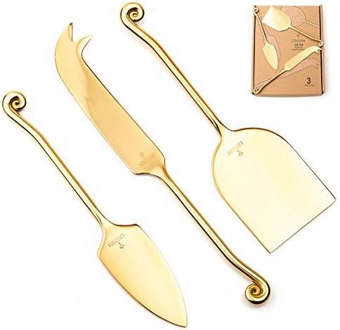 LINZOM Cheese Knife Set, 18/10 Stainless Steel, Hand Forged, Gold, Curled Edge, Set of 3 | Amazon (US)