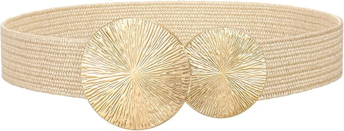 JASGOOD Woven Straw Elastic Belt for Women – Boho Braided Wide Waist Belt with Gold Buckle for ... | Amazon (US)