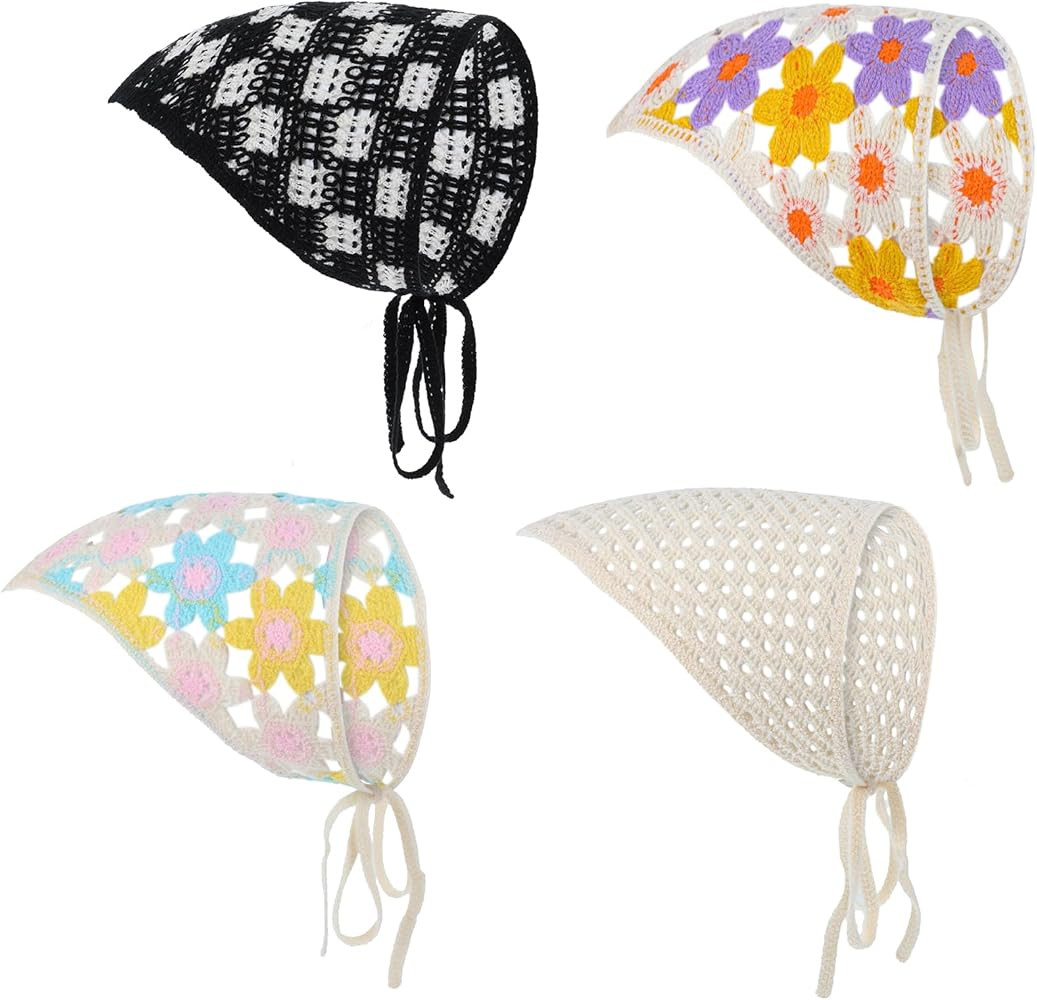 4Pcs Crochet Bandana Headband, Cute Flowers Hair Bandanas for Women Girls, Vintage Floral Crochet... | Amazon (US)