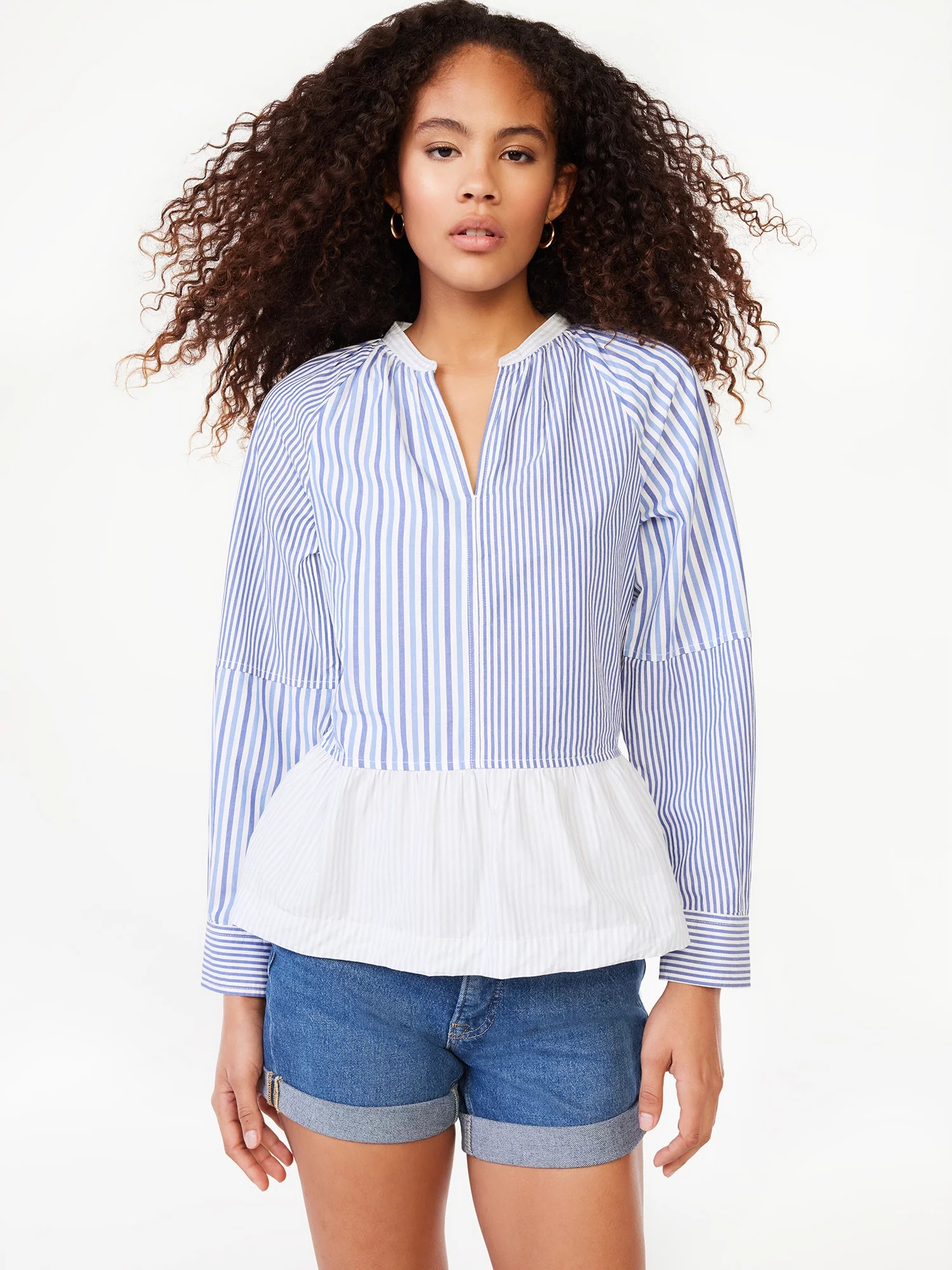 Free Assembly Women's V-Neck Peplum Top with Long Sleeves, Sizes XS-XXXL | Walmart (US)
