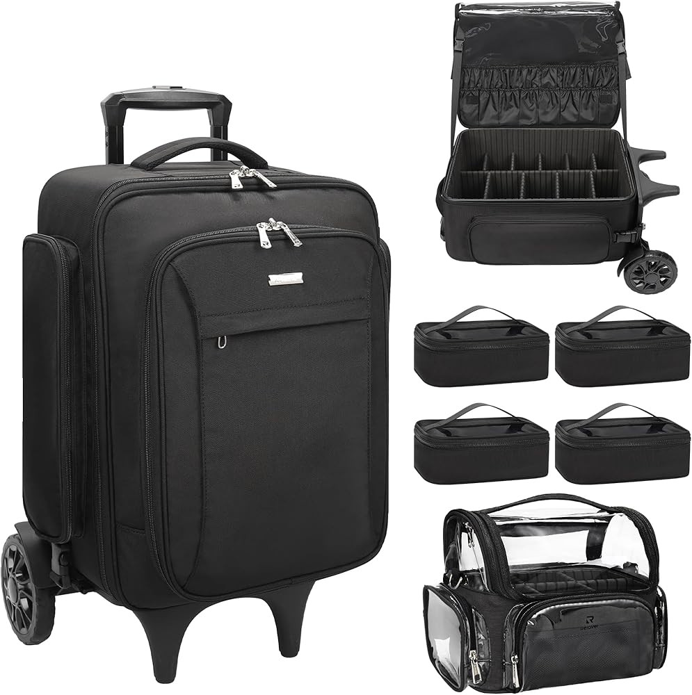 Relavel Rolling Makeup Case with Large Brush Bag, Professional Make Up Travel Organizer Bag with ... | Amazon (US)