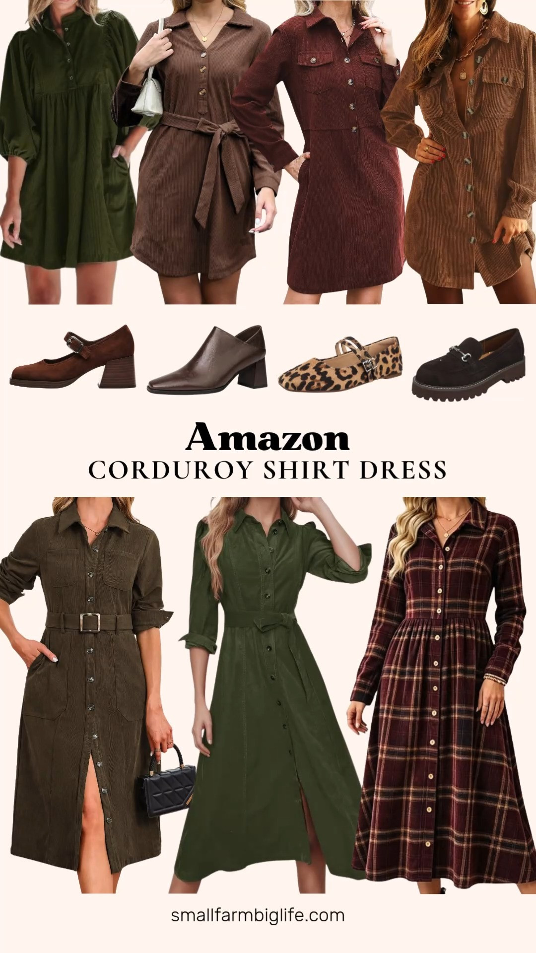 Corduroy shirt dresses are a fall staple this season, and this lineup has a style for every occasion. The reddish brown long sleeve midi shift dress with pockets is an easy everyday option, while the Jayscreate V neck belted dress in brown adds a more fitted, adjustable silhouette that's still soft and cozy.

For something shorter, the olive green babydoll mini dress with puff sleeves brings a playful, empire waist shape, and the brown lapel V neck tunic dress with patch pockets is perfect for casual daily wear. If you prefer a longer length, the YEXPINE belted midi dress and the olive green maxi dress both bring a polished, business casual feel with a defined waist. The burgundy plaid corduroy shirt dress rounds things out with a checkered print that's perfect for the season.

Pair any of these with a great fall shoe. The suede brown Mary Jane platform heels and the leopard Mary Jane flats both add a retro touch, while the dark brown chunky heel loafers and the chocolate brown suede horsebit loafers bring a more polished, everyday finish.

#amazonfashion #corduroydress #fallfashion #falloutfits #amazonfinds 

 #LTKootd #LTKOver40 #LTKWorkwear