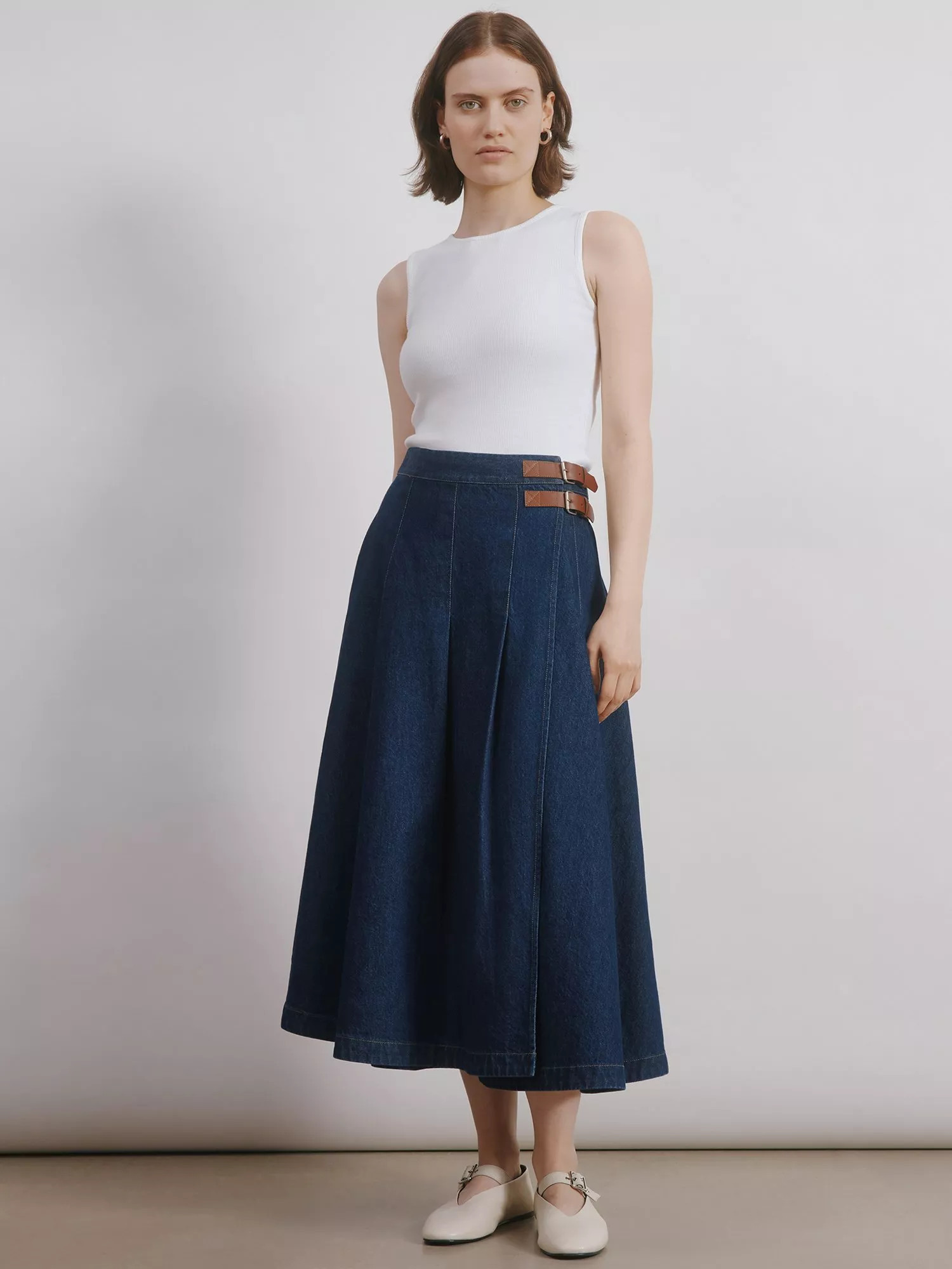 Albaray Denim Knee Length Kilt, Indigo | John Lewis (UK)