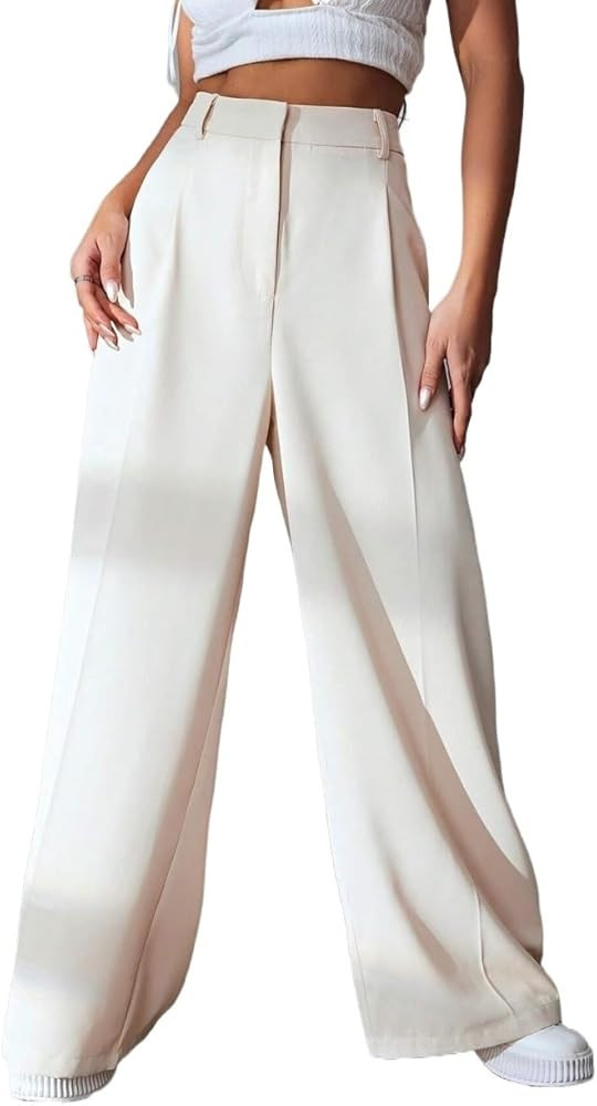 Womens Solid Wide Leg Pants Zipper Button Loose Long Palazzo Pant Trousers For Women | Amazon (US)