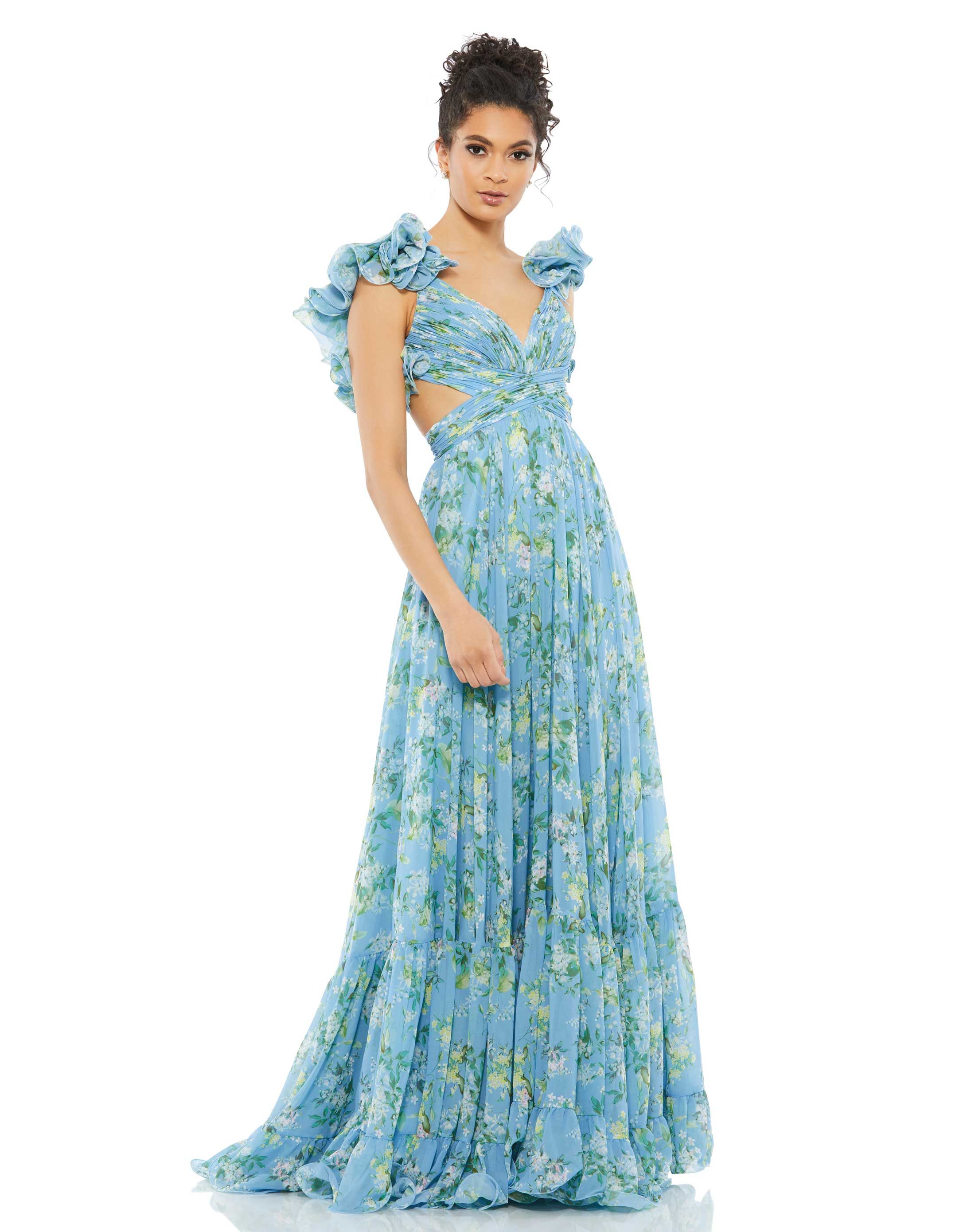 Ruffle Tiered Floral Cut-Out Chiffon Gown | Mac Duggal
