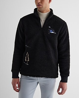 Embroidered Print Sherpa Quarter Zip Sweatshirt | Express