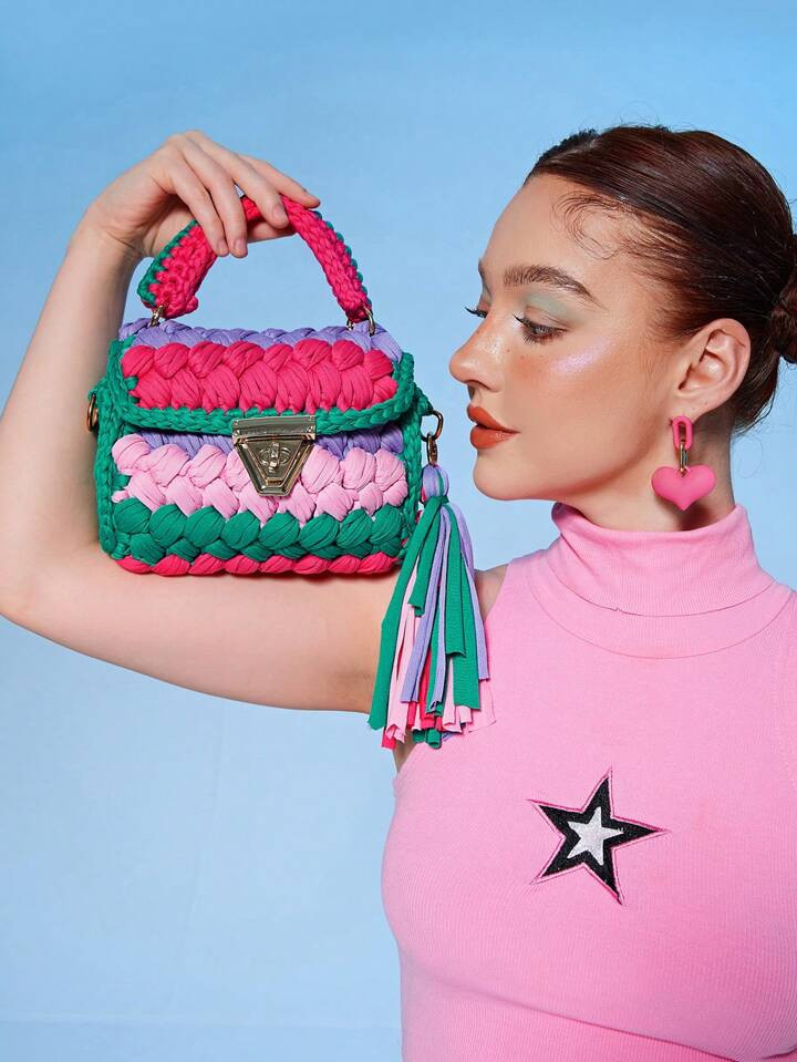 1pc Handmade Crochet Color-Blocking Fabric Thread Women's Shoulder Bag, Colorful & Fashionable, V... | SHEIN