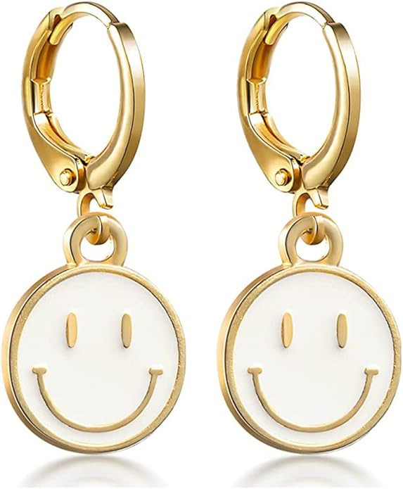 Preppy Earrings for Women Smile Face Heart Charms Pendants Gold Small Huggie Hoop Dangle Drop Ear... | Amazon (US)