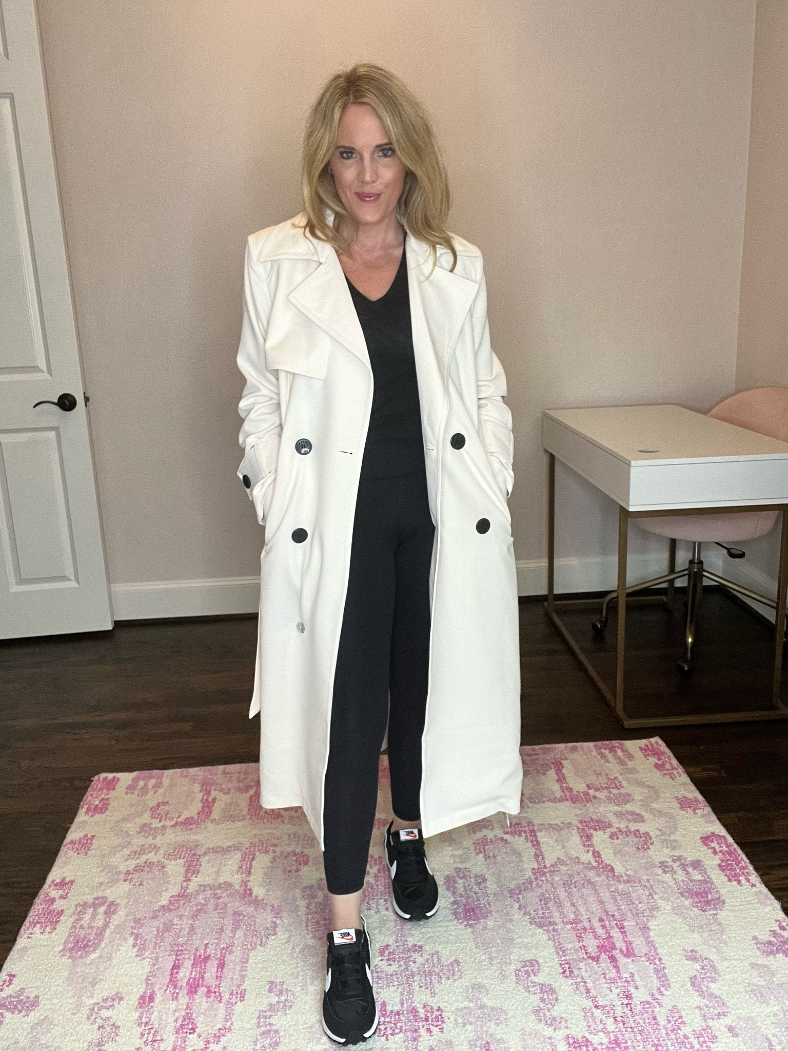 Nordstrom anniversary sale
Fall look
Fall style 
Long rain coat
Trench coat 
Long trench coast 
Double breasted trench coat with buttons
San Edelman 
Zella leggings 
Black leggings 
Black Nike sneakers 
Waffle sneakers 

#LTKxNSale #LTKFindsUnder50 #LTKFindsUnder100