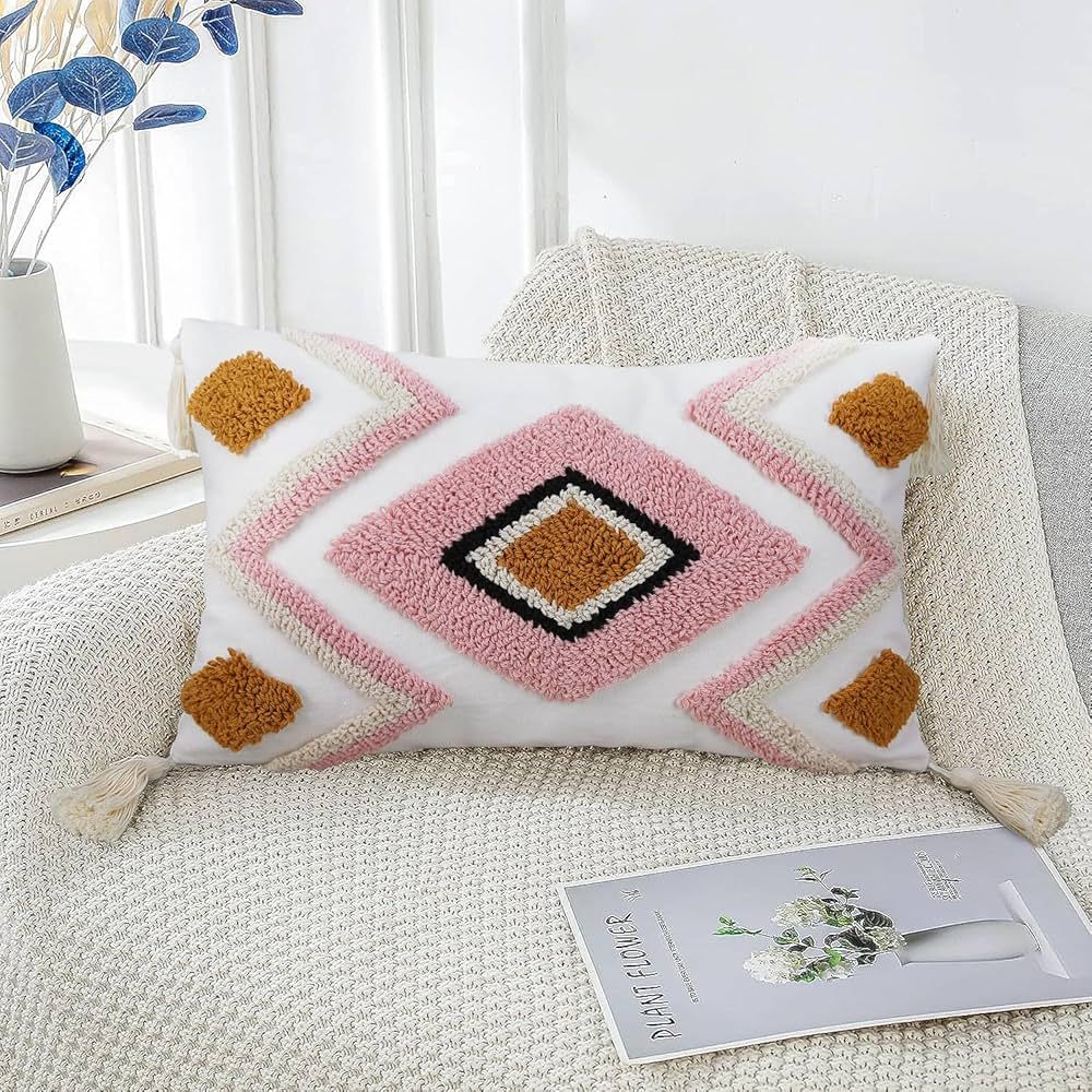 Pink Boho Lumbar Throw Pillow Covers 12x20 inch Soft Neutral Tufted Decorative Pillows Cover Mid ... | Amazon (US)