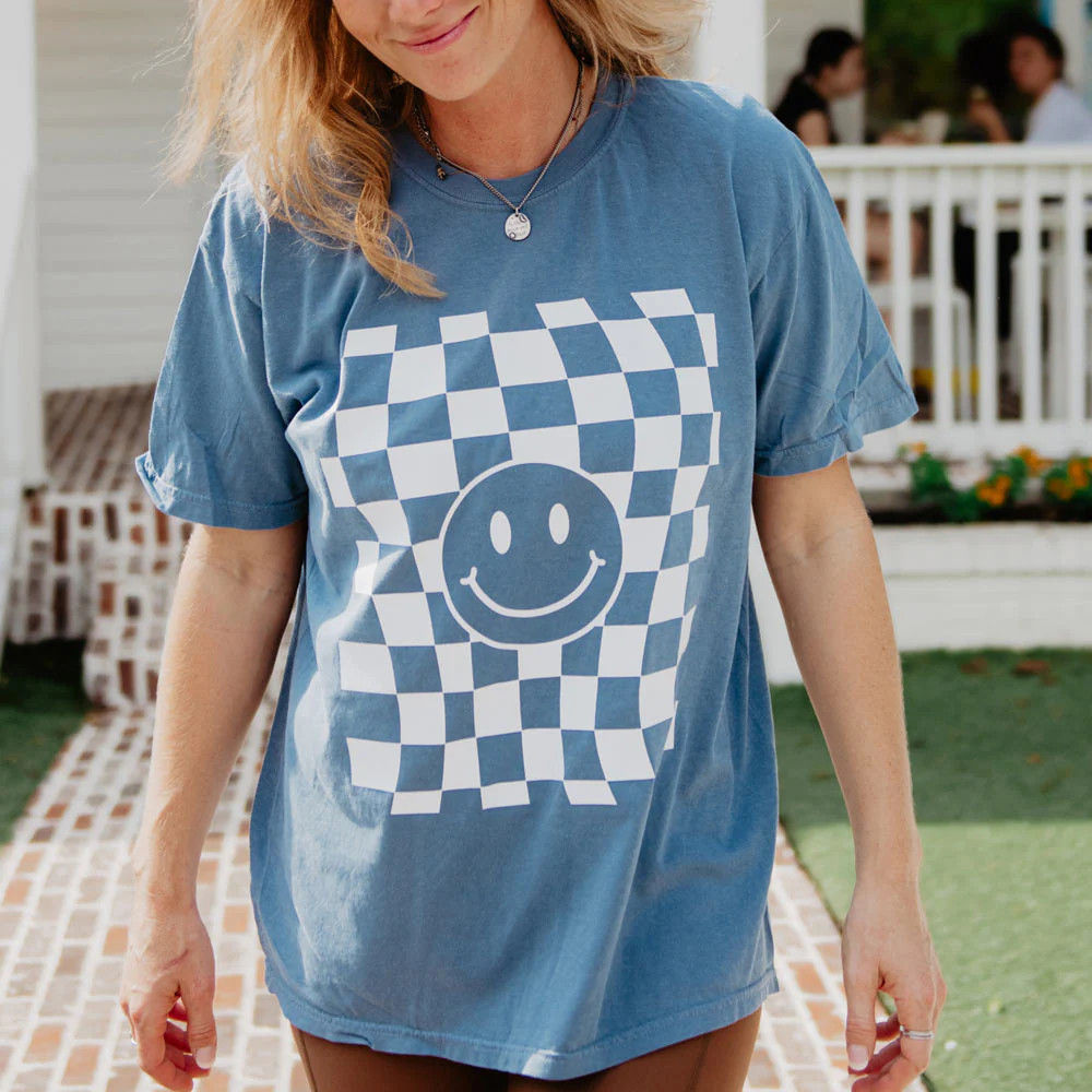 Checkered Pattern Happy Face T-Shirt | Katydid.com