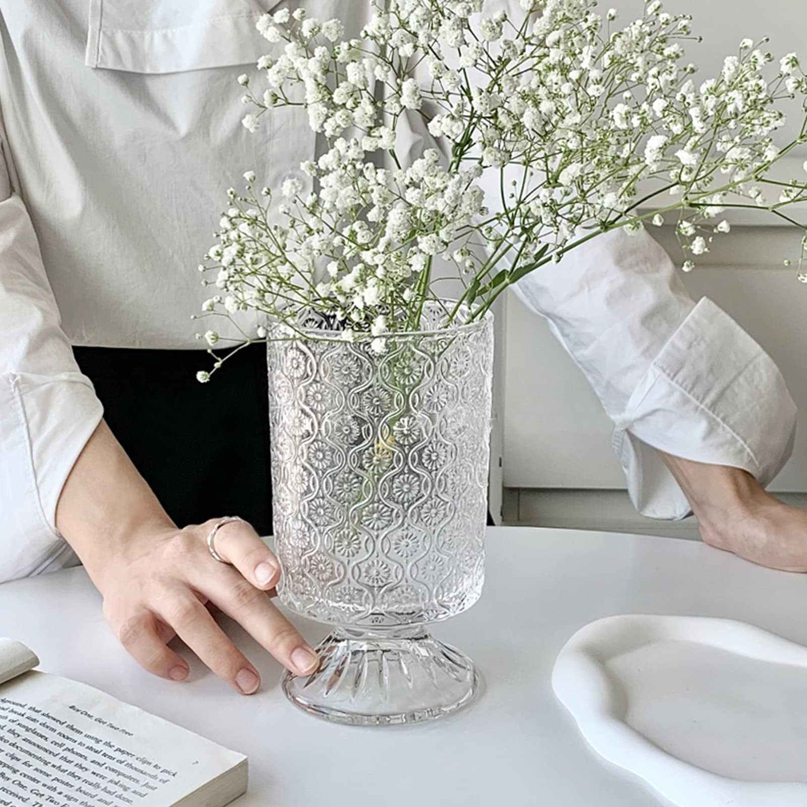 Glass Vase, Embossed Big Base Vase, Flower Vase Decorative for Home Office Wedding Holiday Party ... | Amazon (US)