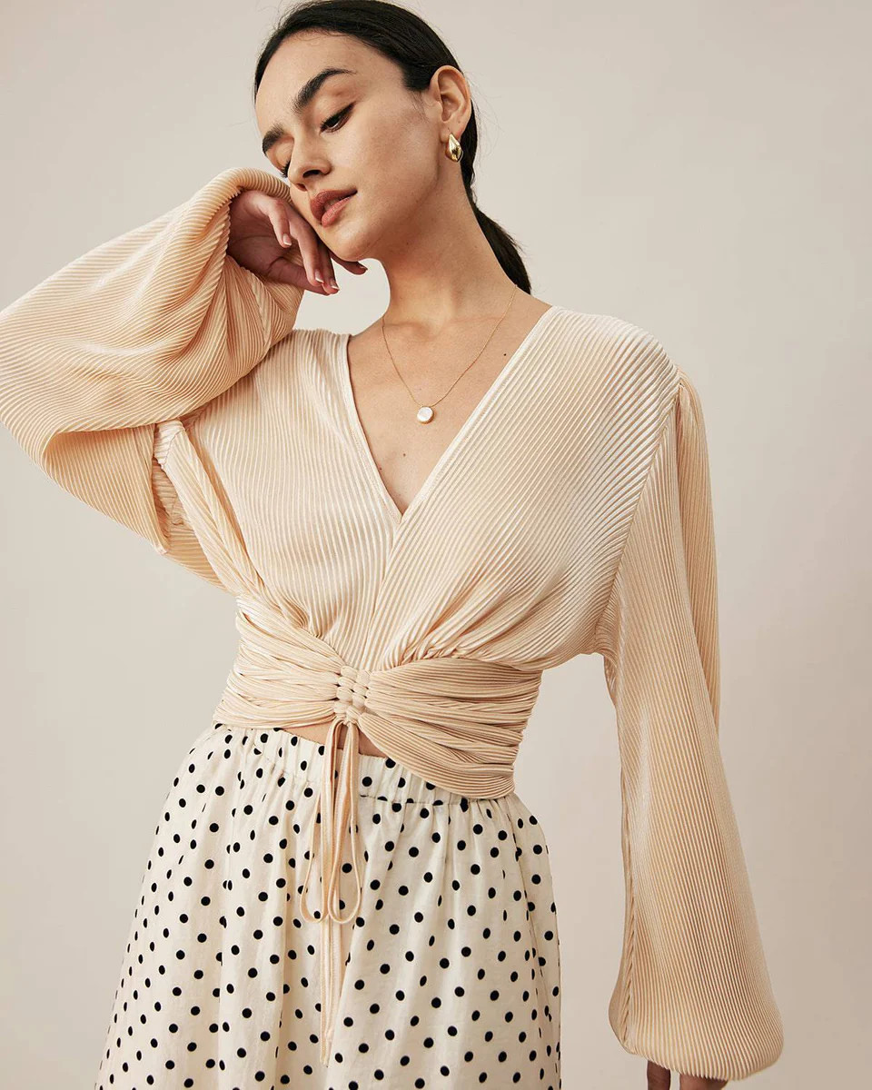 The V Neck Drawstring Crop Blouse | rihoas.com