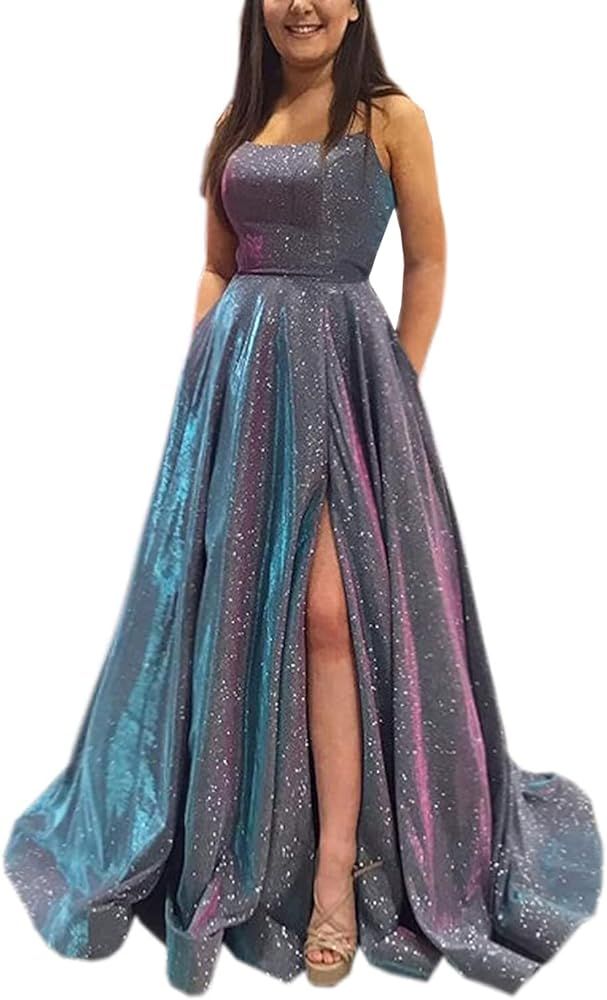 Dessiny Women’s Glitter Prom Dresses 2024 Split Spaghetti Strap Long Formal Evening Party Ball ... | Amazon (US)