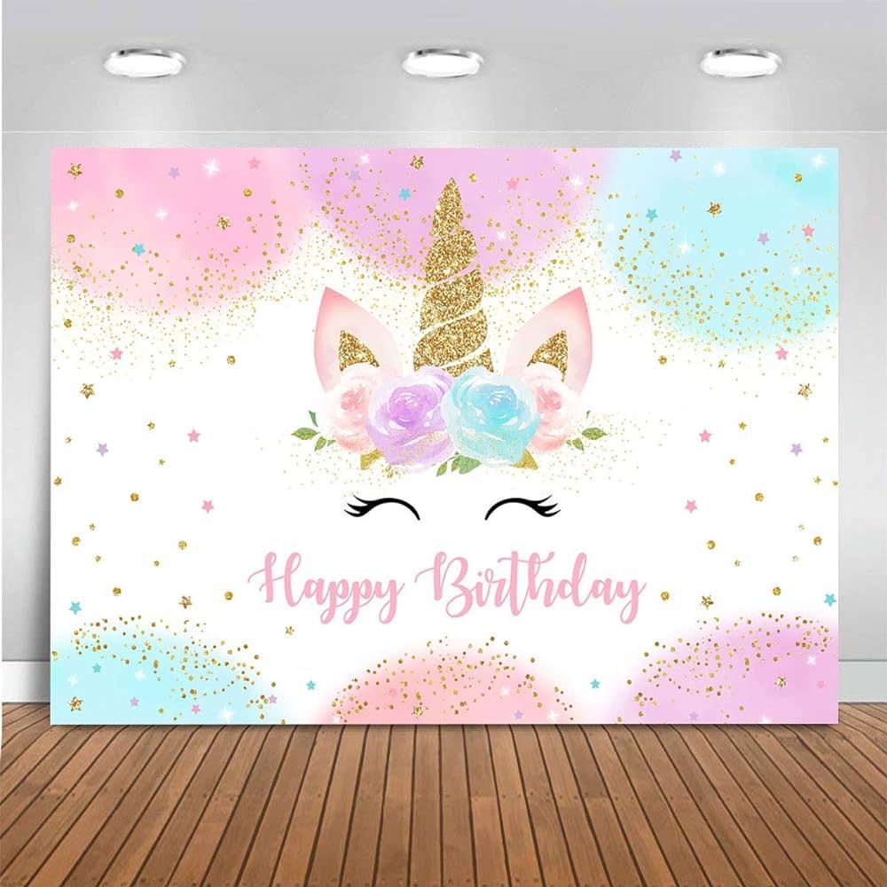 Amazon.com: Mocsicka Rainbow Unicorn Backdrop Happy Birthday Party Decorations for Girls Watercol... | Amazon (US)