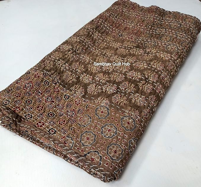 Brown Ajrakh Hippie Queen Kantha Quilt Handmade Bohemain Bedspread King Size Vegetable Dye Kantha... | Amazon (US)