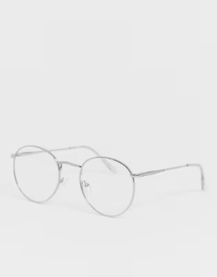 ASOS DESIGN metal round clear lens glasses in silver | ASOS (Global)