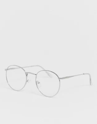 ASOS DESIGN metal round clear lens glasses in silver | ASOS (Global)