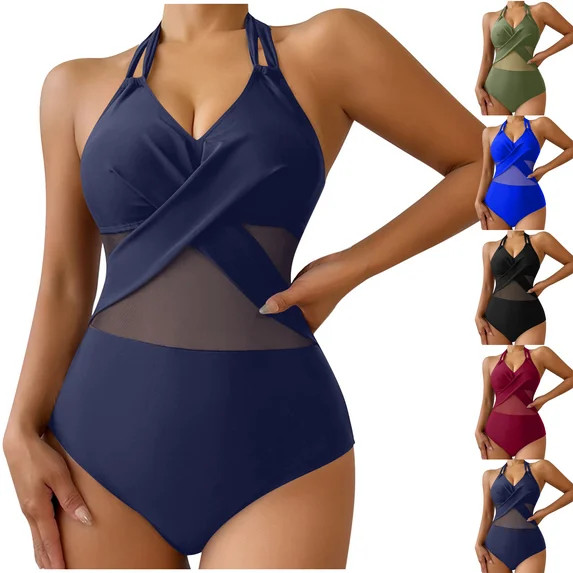 One Piece Swimsuit Women V Neck Cutout Mesh Criss Cross Bathing Suit High Waisted Tummy Control f... | Walmart (US)