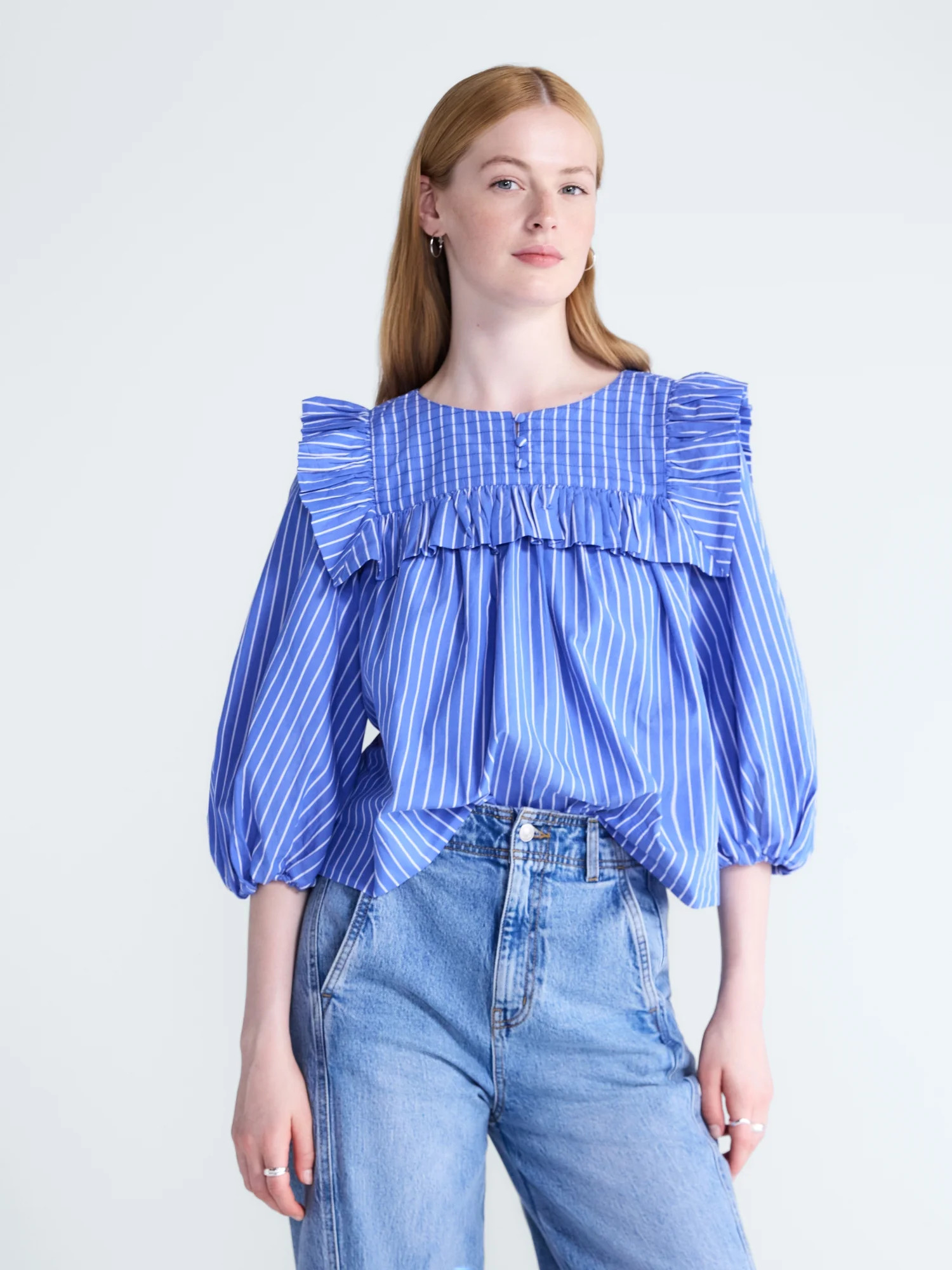 Free Assembly Women's and Women's Plus Ruffle Yoke Cotton Top with Puff Sleeves, Sizes XS-4X | Walmart (US)