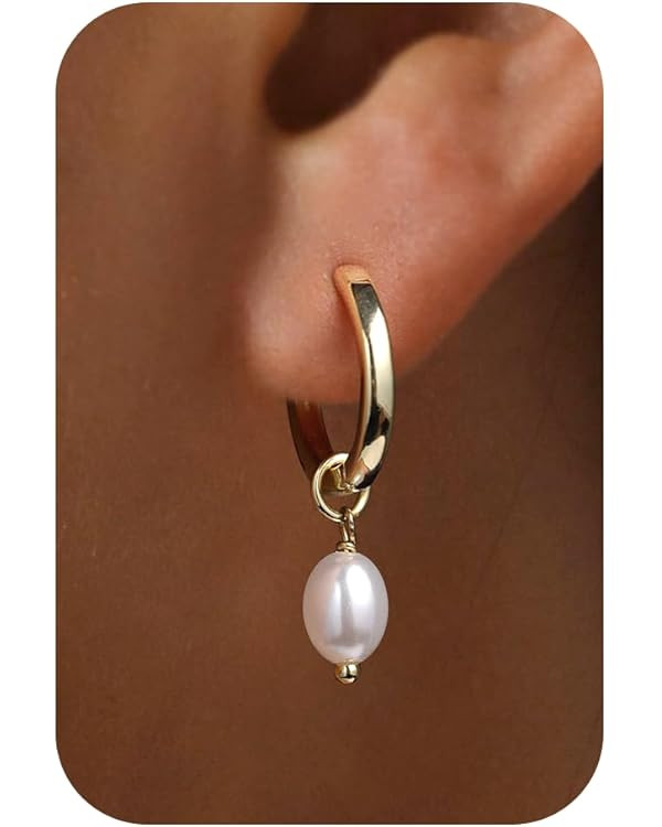 Pearl Earrings-14K Gold Plated Dainty Pearl Huggie Hoop Earrings Drop Dangle Pearl Earrings for W... | Amazon (CA)