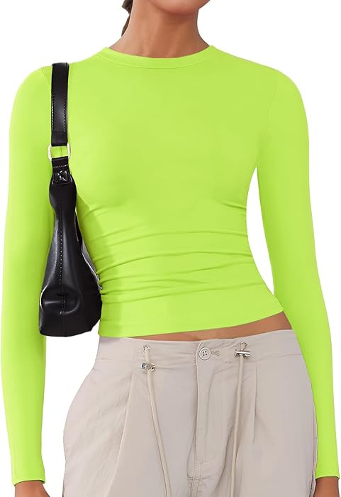 Women's Soft Long Sleeve Shirts Crew Neck Tops Basic Tees Stretchy Going Out Crop Tops Y2K Slim F... | Amazon (US)