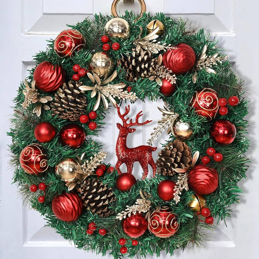 Christmas Wreath Decorations - 16'' Christmas Wreaths for Front Door with Red Christmas Reindeer ... | Amazon (US)