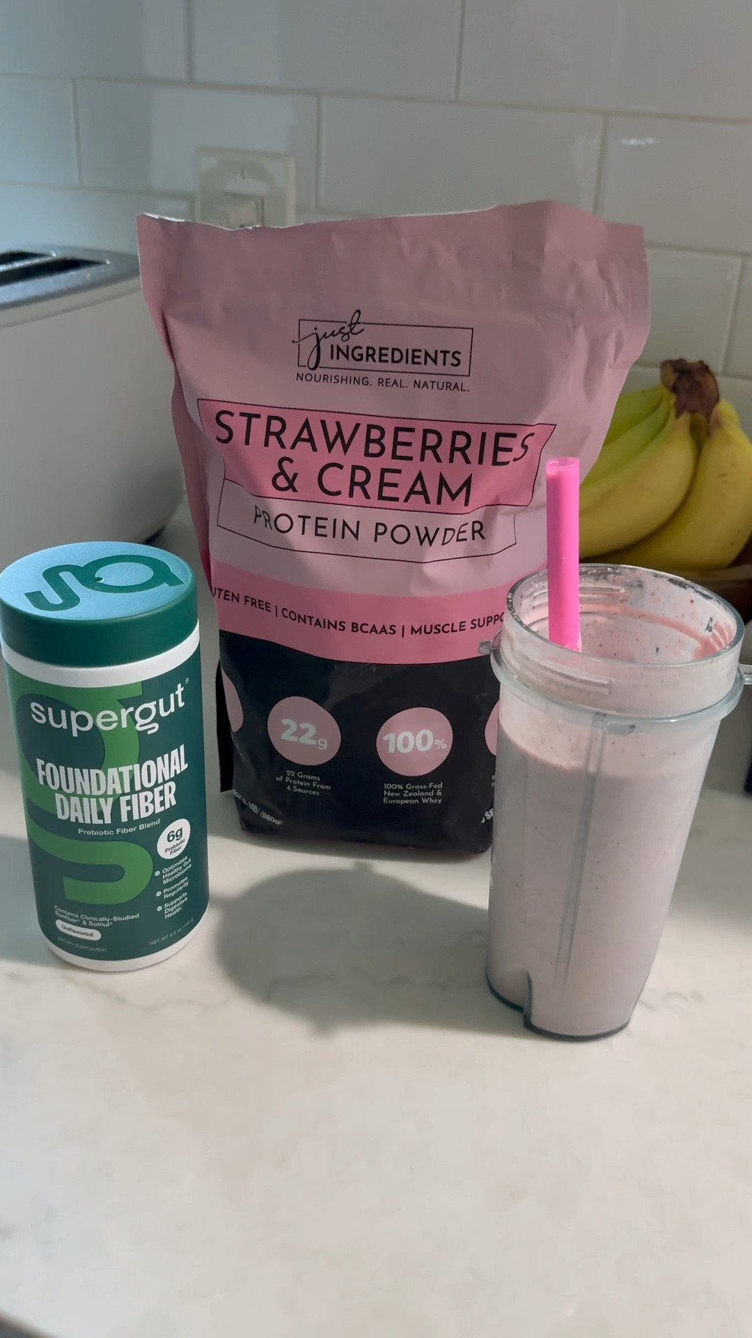 Protein + fiber post workout smoothie🍓 I used 1 scoop protein, half a frozen banana, about half cup of sliced frozen strawberries, water, ice, 1 tablespoon almond butter, and one scoop super gut fiber! 

#LTKselfcare #LTKmorningroutine #LTKOver40