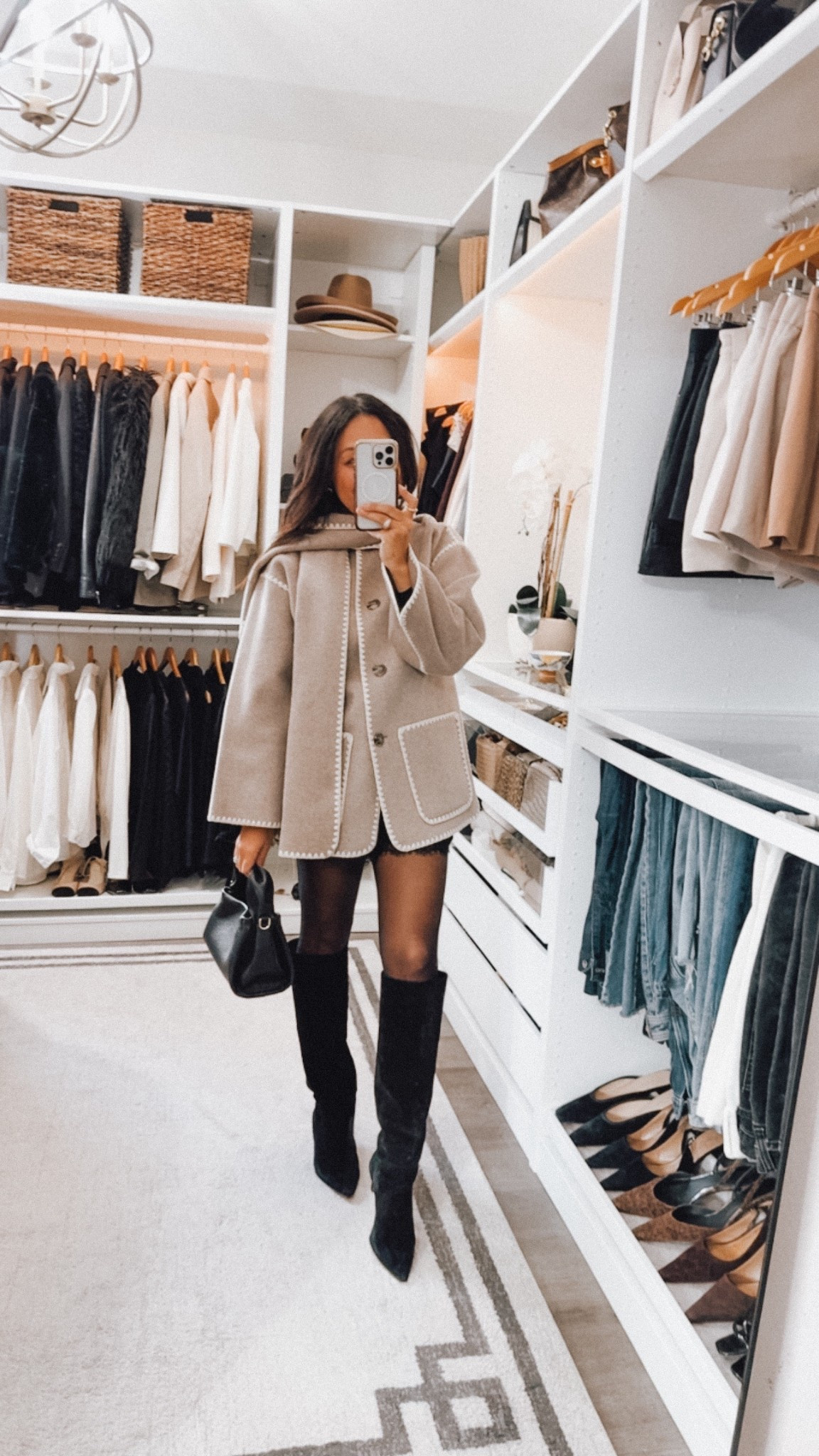 This scarf coat is so chic! Similar to the Toteme coat $$$$ at a fraction of the price! I thought it was going to overpower my 5’3 height but fits perfectly. Sized down to an XS 
Shorts and boots TTS 

#LTKStyleTip #LTKOver40