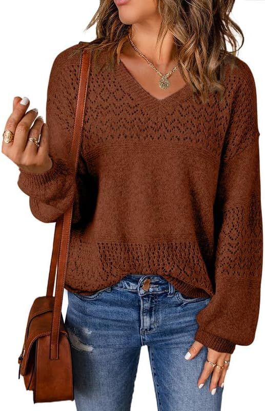 SHEWIN Womens Sweaters Casual Long Sleeve V Neck Lightweight Crochet Pullover Sweater Tops | Amazon (US)