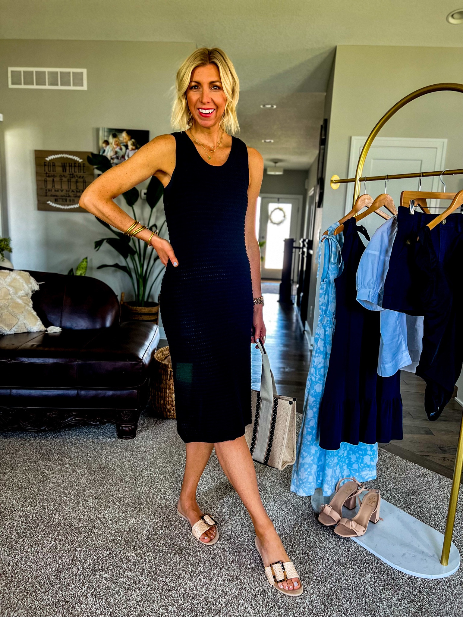 Summer staples from Walmart, black midi dress, black swimsuit, navy dress, navy shorts, white puff sleeve blouse, raffia buckle sandals #sarahkellystyle #walmartfashion #summeroutfit

#LTKFind #LTKstyletip #LTKSeasonal