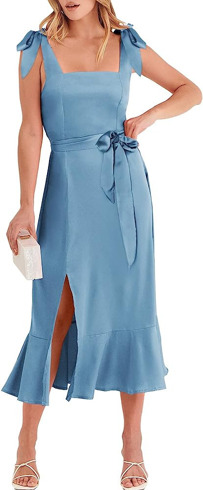 ANRABESS Women's Satin Formal Dress Square Neck Ruffle Split Midi Bridesmaid Dress for Wedding Gu... | Amazon (US)