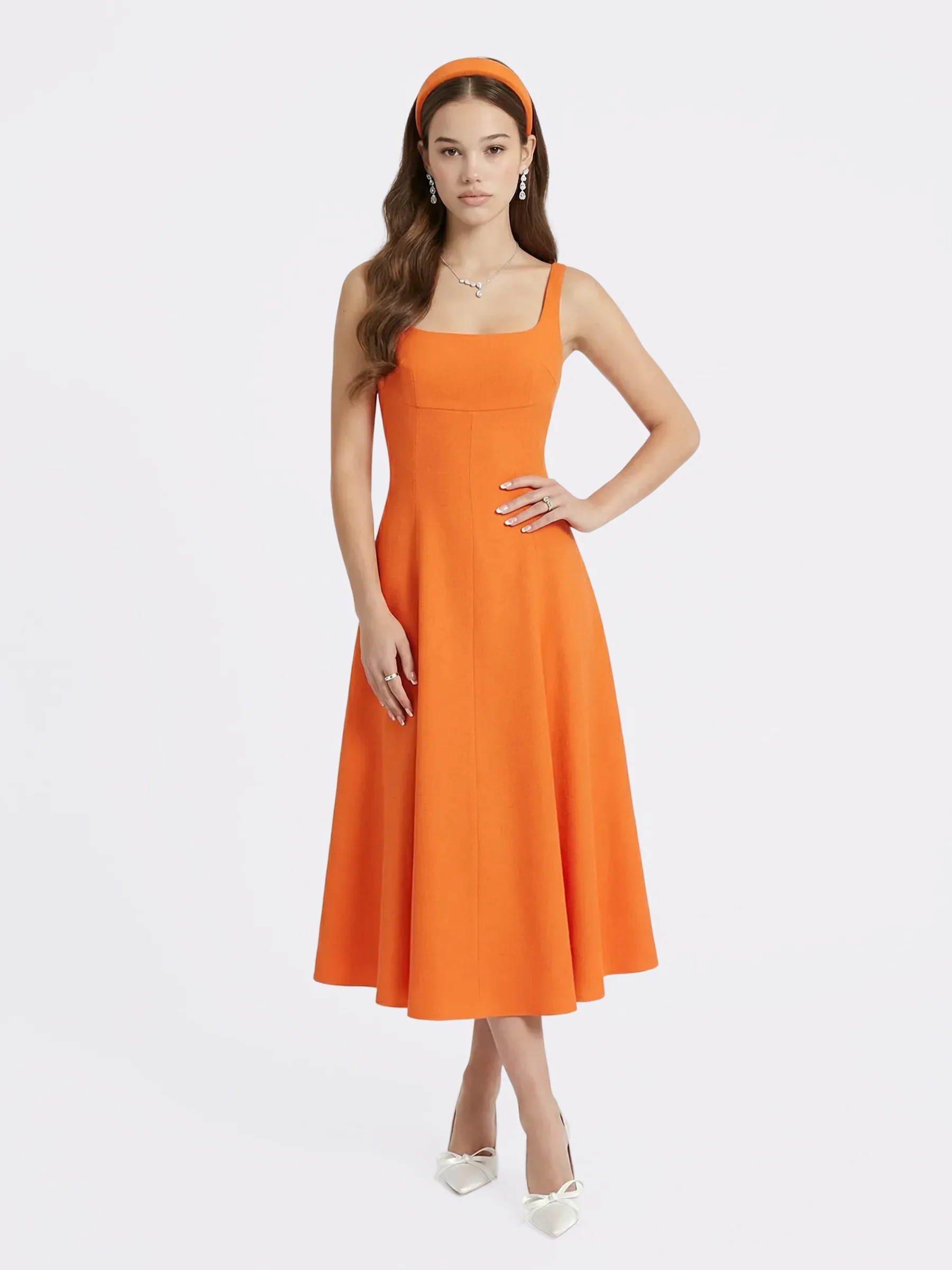 Orange Square-Neck Paneled Midi Dress | Nana Jacqueline | Nana Jacqueline