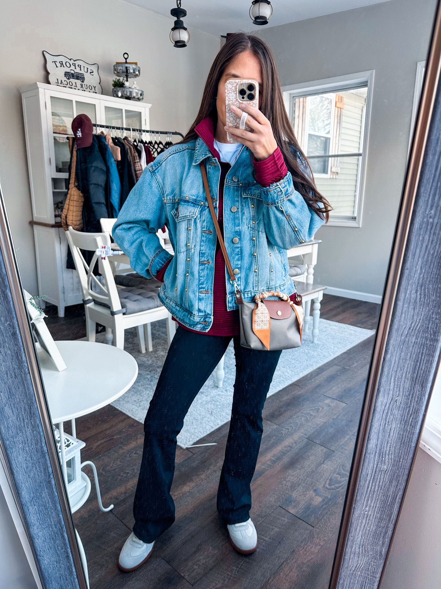 Outfit of the day! 
Denim jacket XS 
Quarter zip small 
Flare legging small 
Shoes tts 
White tee XS 

#LTKStyleTip #LTKFindsUnder50 #LTKPetite