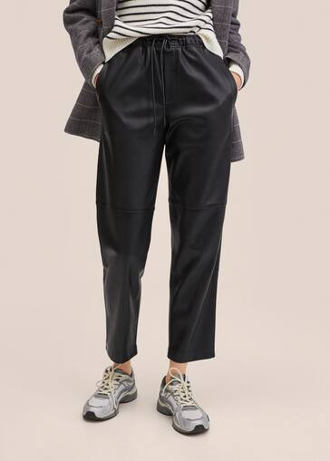 Leather-effect elastic waist trousers | MANGO (UK)