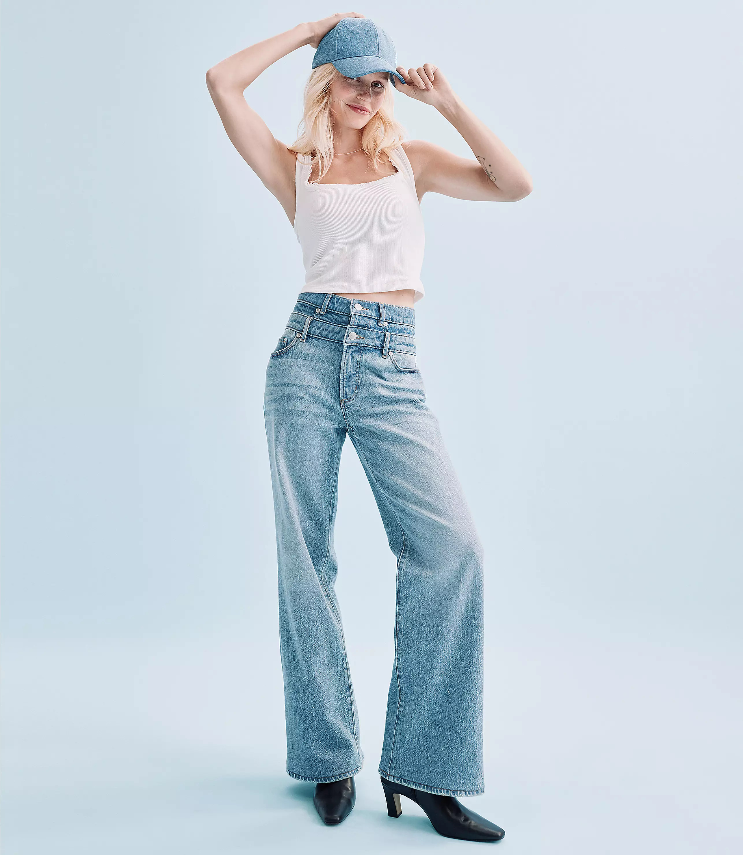 Rivete Double Waisted High Rise Wide Leg Jeans in Light Wash | LOFT