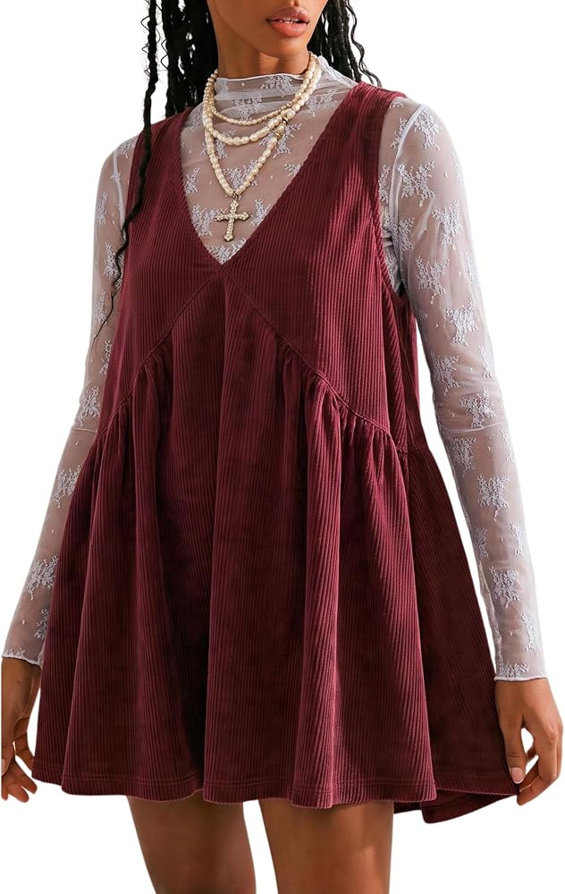Women's Corduroy V Neck Babydoll Dress Layering with Pockets | Amazon (US)