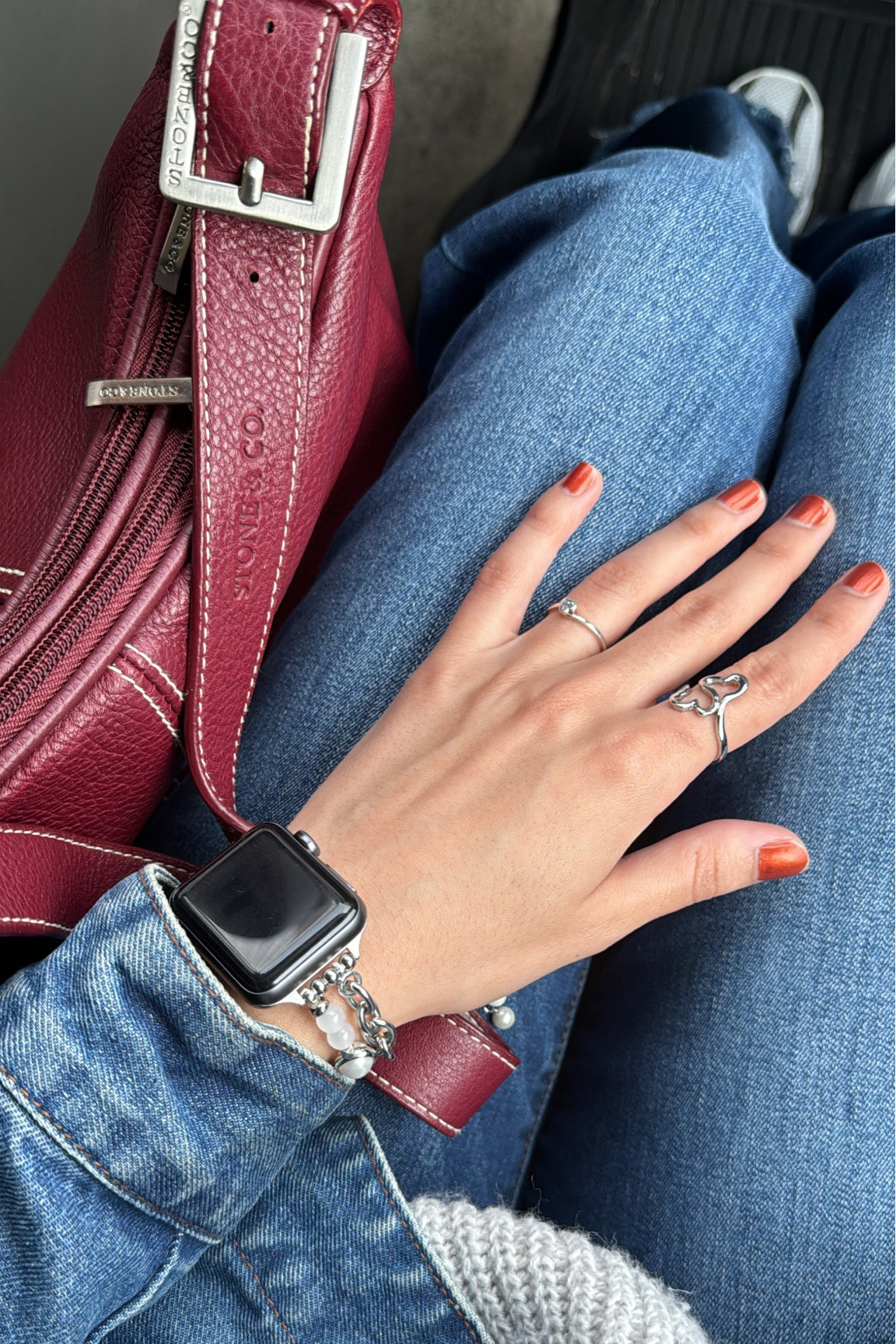 Apple Watch band, silver Apple Watch band, dark blue jeans, dark blue, Jean jacket, burgundy bag, shoulder bag, new balance sneakers, new balance, 530 silver jewelry, spring trends, orange nails, Apple Watch spring outfit 

#LTKshoecrush #LTKstyletip